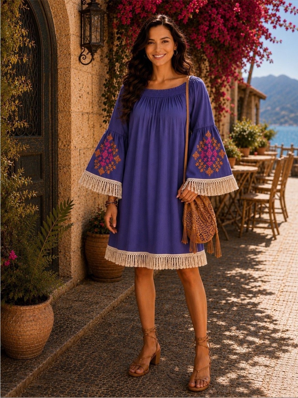 Velzera Purple Embroidered Fringe Mini Dress S